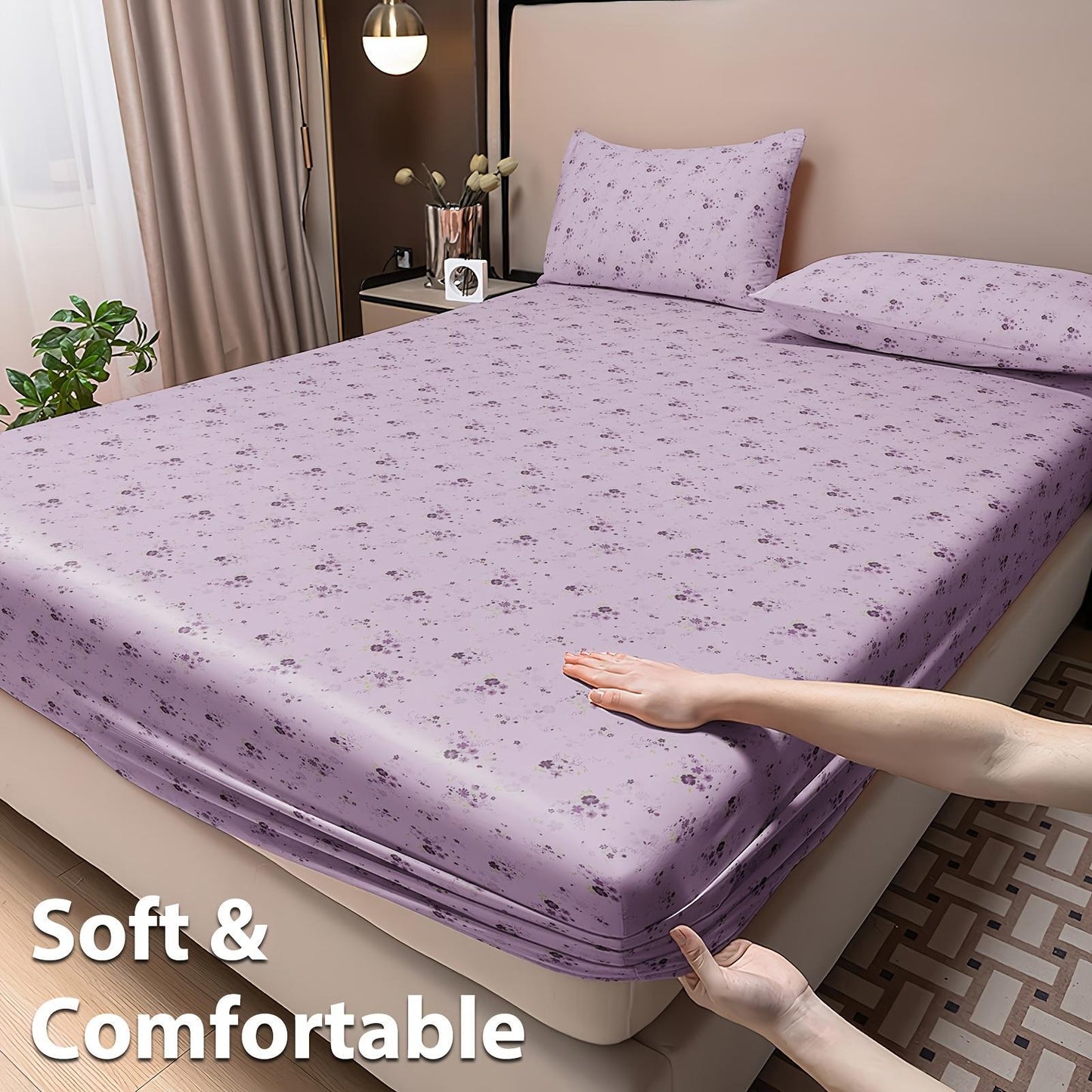 Purple Floral Fitted Sheet 3pcs Set | Cool Satin Mattress Cover, Suitable For Home And Hotel Use, 360° All-Around Coverage, Non-Slip, Easy-Care, Comfortable And Durable, All-Season, Includes 1 Fitted Sheet And 2 Pillowcases