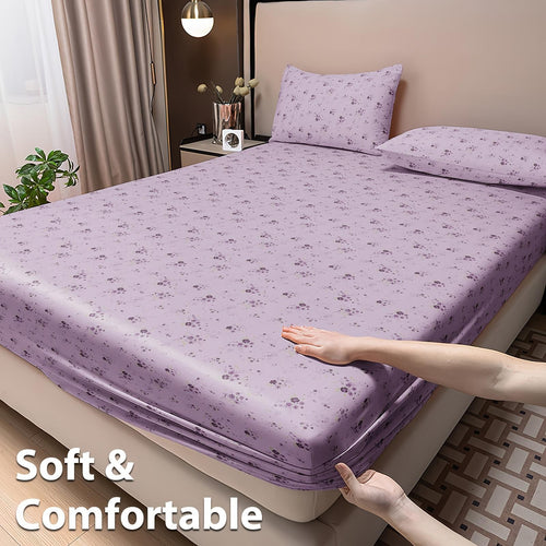 Purple Floral Fitted Sheet 3pcs Set | Cool Satin Mattress Cover, Suitable For Home And Hotel Use, 360° All-Around Coverage, Non-Slip, Easy-Care, Comfortable And Durable, All-Season, Includes 1 Fitted Sheet And 2 Pillowcases