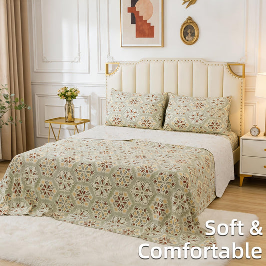 4pcs Snowflake Geo-Print Queen Bed Sheets Set, Fresh & Minimalist Cozy, Double-Brushed Microfiber, Breathable Y-Soft, Machine-Washable All-Season Bedding, Warm Bedroom Decor Gift for Dorm, Home & Every Holiday