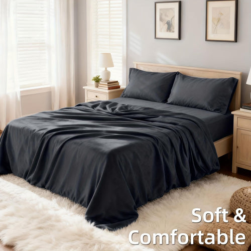 4pcs Ultra Soft 85g Sheet & Pillowcase Set, Sanded Sanded, Soft Wear-Resistant, Solid, Machine Washable, All-Season, Christmas Comforter Set, Twin, Full, Queen, King, Cozy Bed Sheets Set(1 Flat Sheet, 1 Fitted Sheet, 2 Pillowcases - No Inserts)