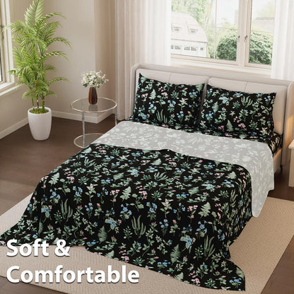4pcs Leopard Print Queen Bed Sheets Set, Fitted Sheet with Deep Pocket + Flat Sheet + 2 Pillowcases, Taupe/Black Leopard Luxe Print, High-End & Luxe Look, Soft Brushed Microfiber, Breathable & Machine-Washable, All-Season, Guest Room & Holiday Gifts