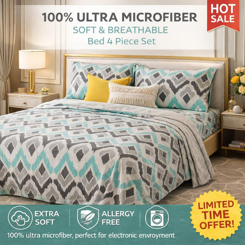 4pcs Minimalist Luxe Geo-Print Queen Bed Sheets Set, Geometric Print Double-Brushed Microfiber, Ultra-Soft Breathable & Wrinkle-Free, Machine-Washable All-Season Bedding, Sophisticated Elegant Decor for Modern Bedroom, Dorm & Holiday Gifts