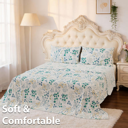 This 4pcs Floral Print Bed Sheet Set Is Soft, Breathable, And Gentle On The Skin. It Includes A Deep-pocket Sheet, A Stylish Bedspread, And Two Pillowcases. Made From A High-quality, Lightweight, All-season Fabric, It Is Durable, Colorfast