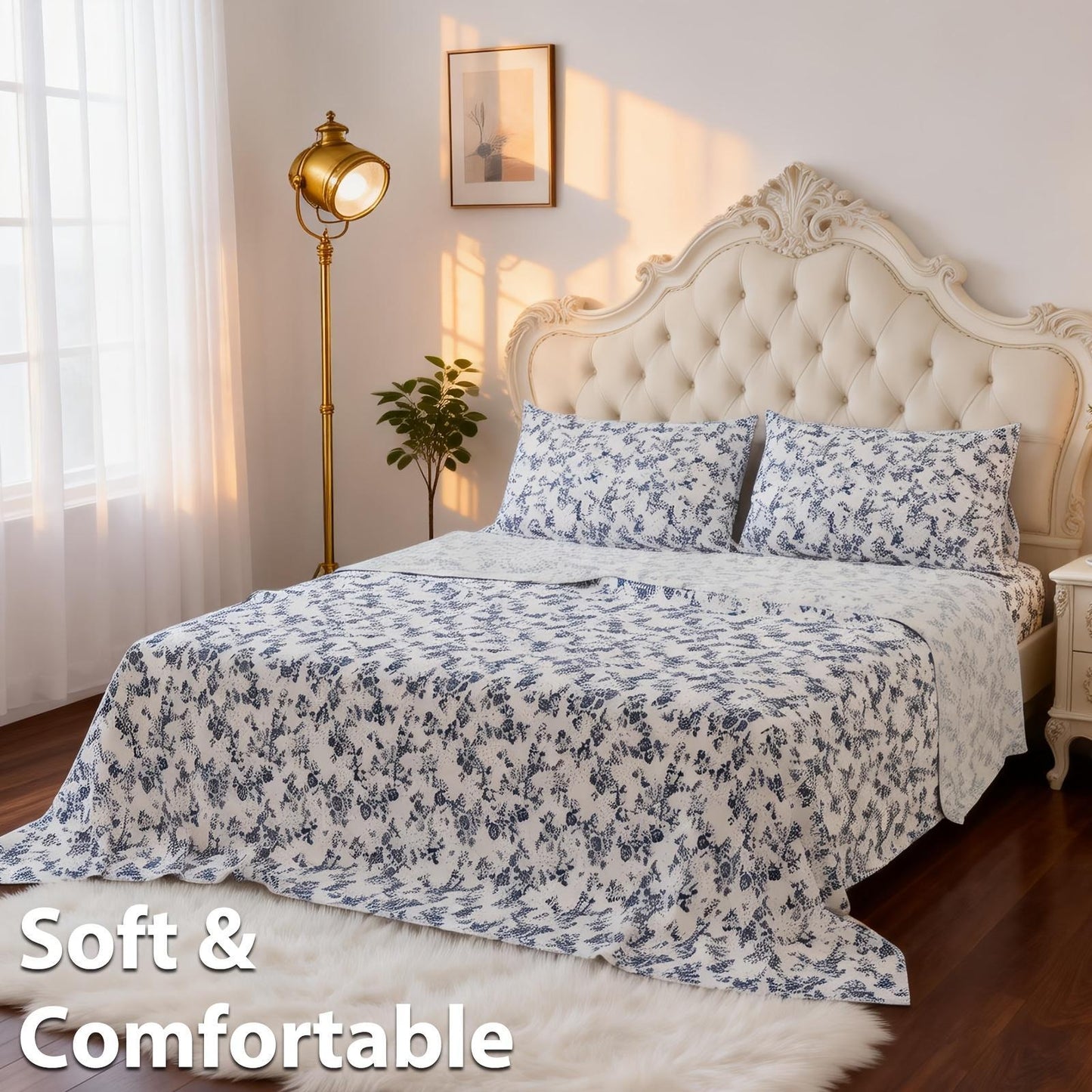 This 4pcs Floral Print Bed Sheet Set Is Soft, Breathable, And Gentle On The Skin. It Includes A Deep-pocket Sheet, A Stylish Bedspread, And Two Pillowcases. Made From A High-quality, Lightweight, All-season Fabric, It Is Durable, Colorfast