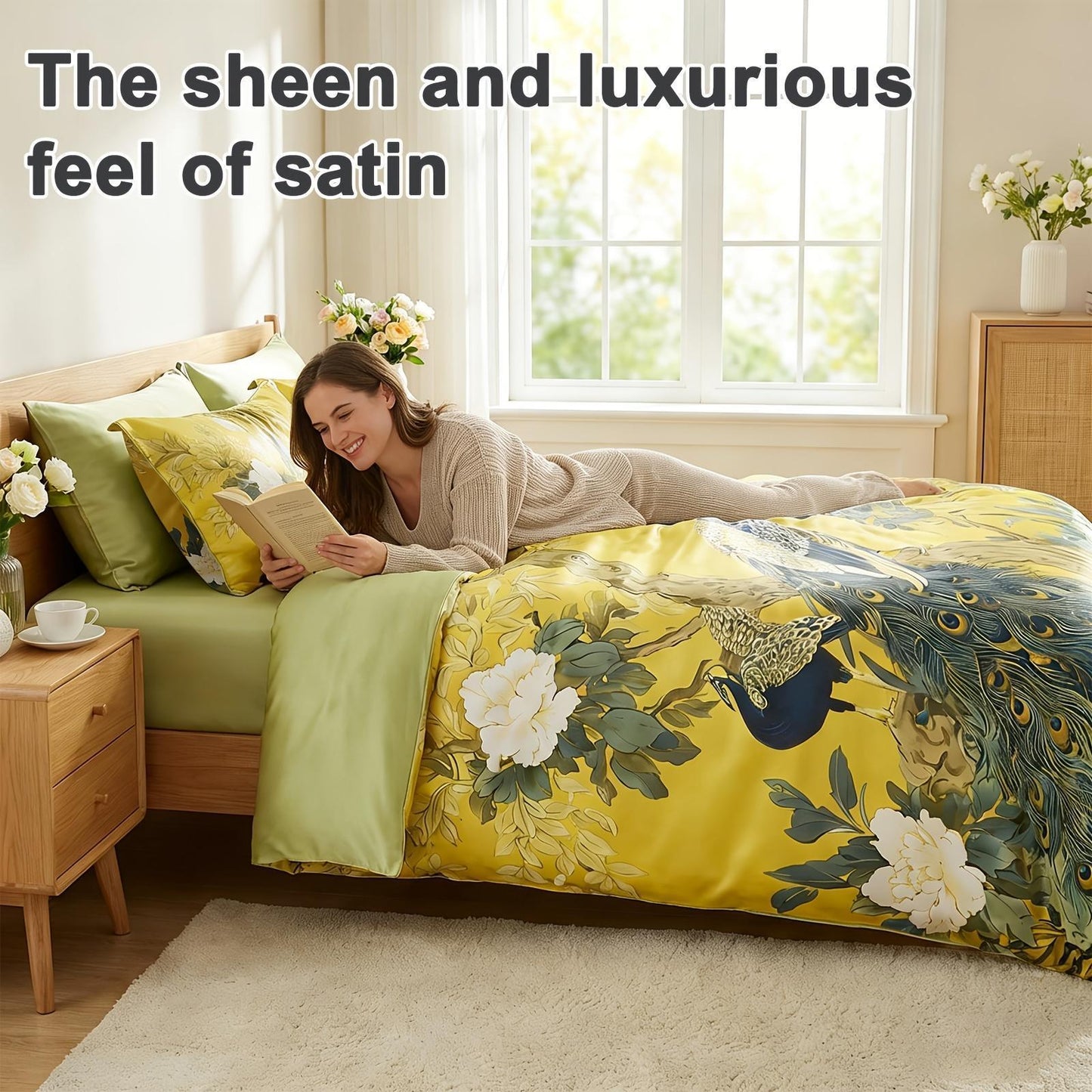 This Peacock-print 3pcs Rayon Satin Bedding Is Simple And Elegant, Machine Washable, And Suitable for All Seasons. This Y Soft 4pcs Bedding Is Perfect for The Family Bedroom And Also Makes An Ideal Gift for Friends And Family