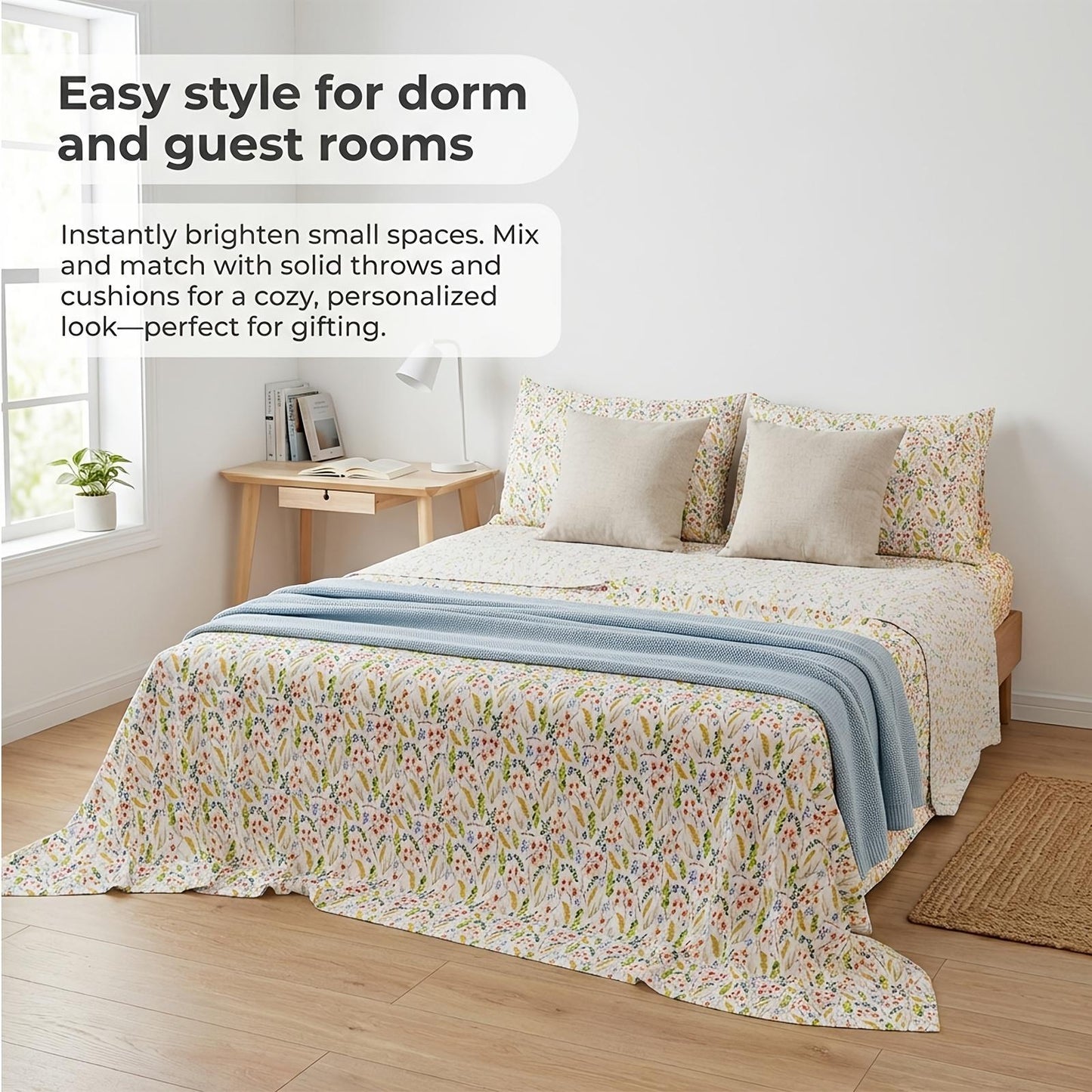 This 4pcs Floral Print Bed Sheet Set Is Soft, Breathable, And Gentle On The Skin. It Includes A Deep-pocket Sheet, A Stylish Bedspread, And Two Pillowcases. Made From A High-quality, Lightweight, All-season Fabric, It Is Durable, Colorfast
