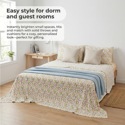 This 4pcs Floral Print Bed Sheet Set Is Soft, Breathable, And Gentle On The Skin. It Includes A Deep-pocket Sheet, A Stylish Bedspread, And Two Pillowcases. Made From A High-quality, Lightweight, All-season Fabric, It Is Durable, Colorfast