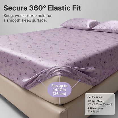 Purple Floral Fitted Sheet 3pcs Set | Cool Satin Mattress Cover, Suitable For Home And Hotel Use, 360° All-Around Coverage, Non-Slip, Easy-Care, Comfortable And Durable, All-Season, Includes 1 Fitted Sheet And 2 Pillowcases