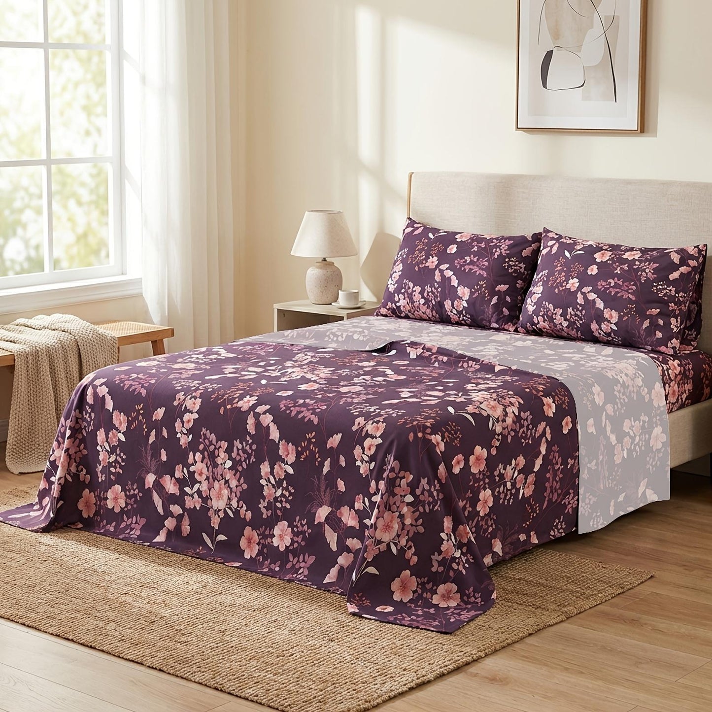 This 4pcs Purple Floral Patterned Sheet Set Is Soft, Breathable, And Comfortable Against The Skin. The Set Includes A Deep-pocket Sheet, A Stylish Bedspread, And Two Pillowcases. Made From Durable And Colorfast Fabric, It Makes A Wonderful Gift